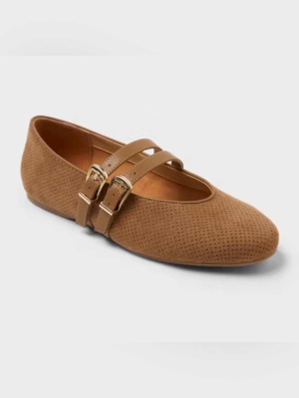 NWT Women's Double-Strap Perforated Mary Jane Flats - Tan